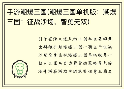 手游潮爆三国(潮爆三国单机版：潮爆三国：征战沙场，智勇无双)
